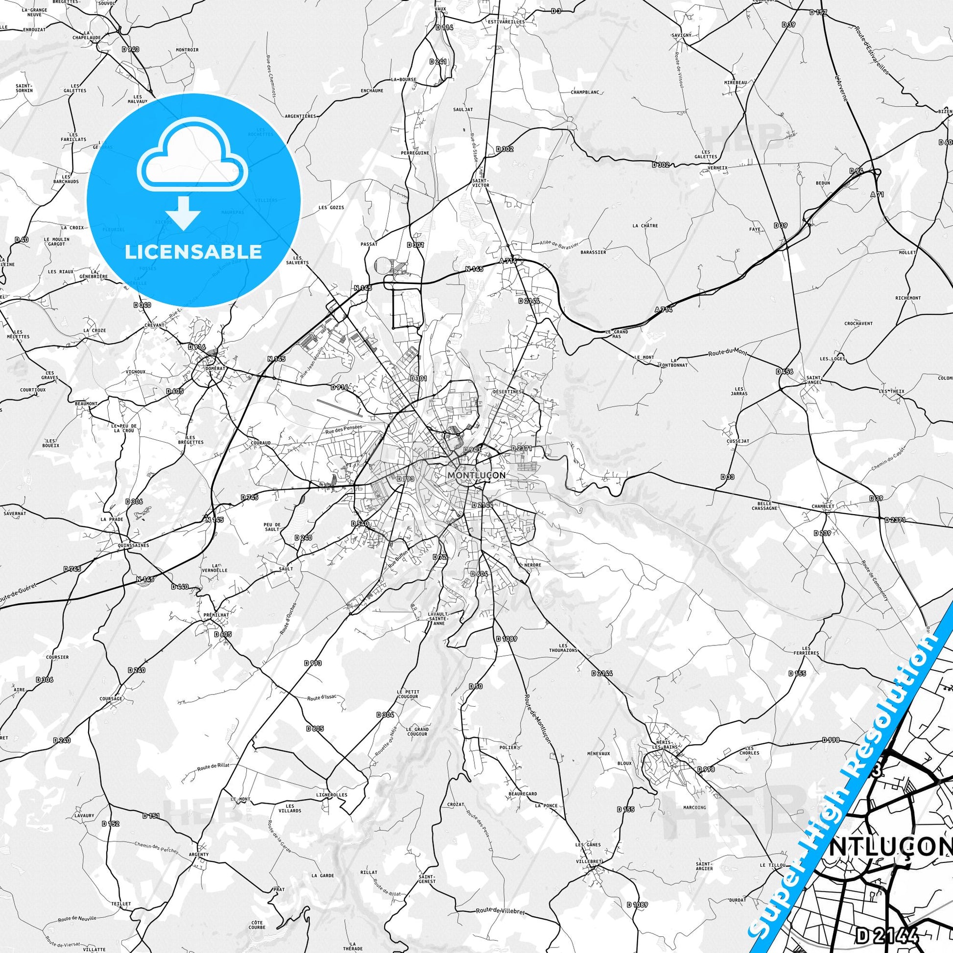 Montluçon, France light map with streetnames, citynames and districts