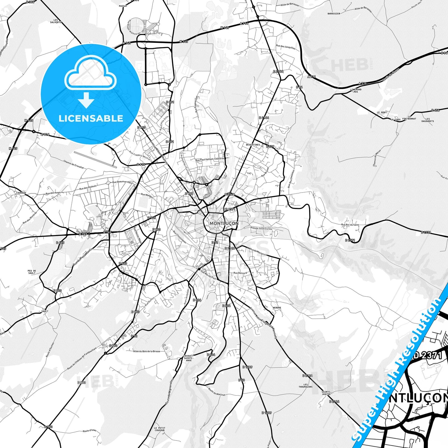 Montluçon, France Light Map with Street Names, City Names, and Districts