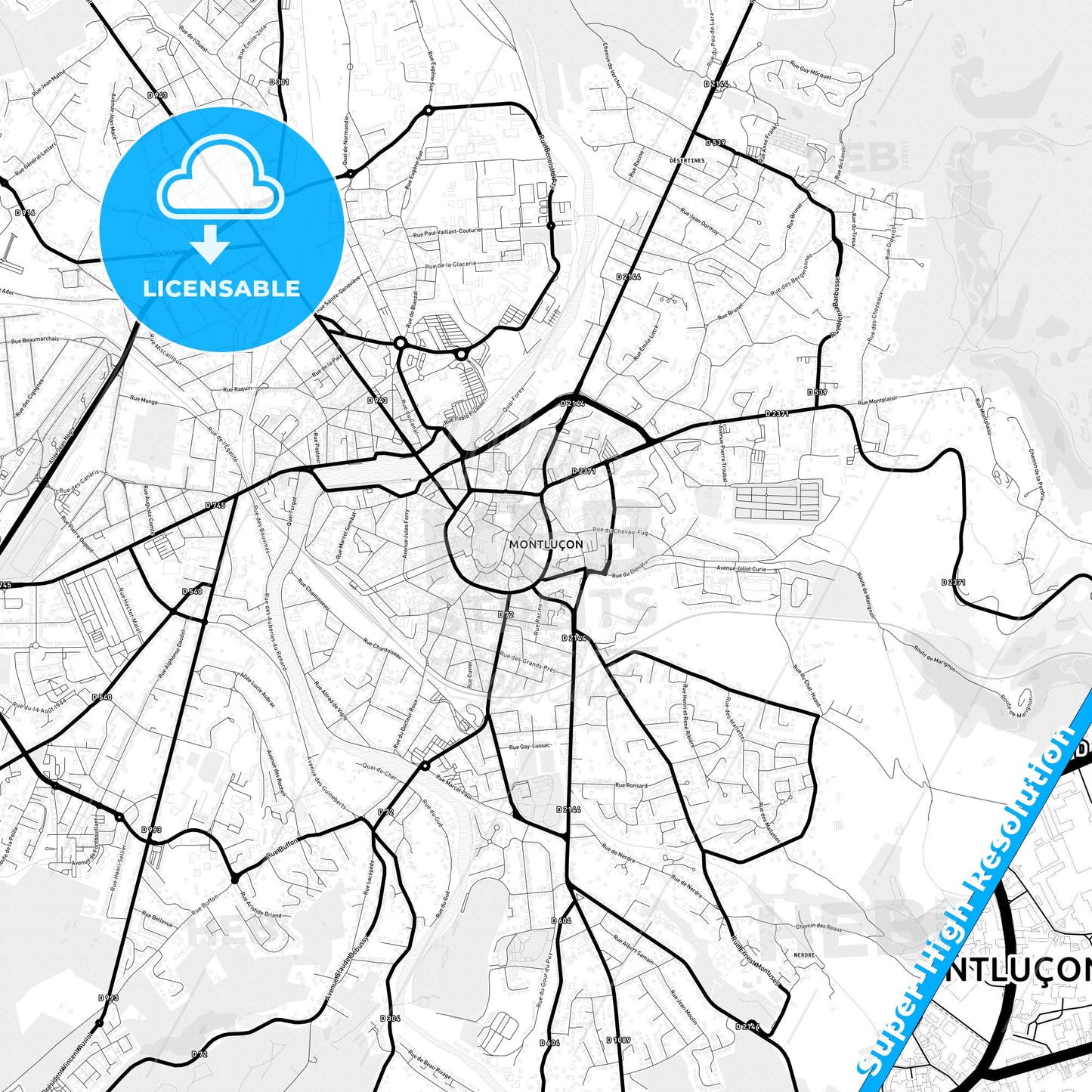 Montluçon, France Light Map with Street Names, City Names, and Districts