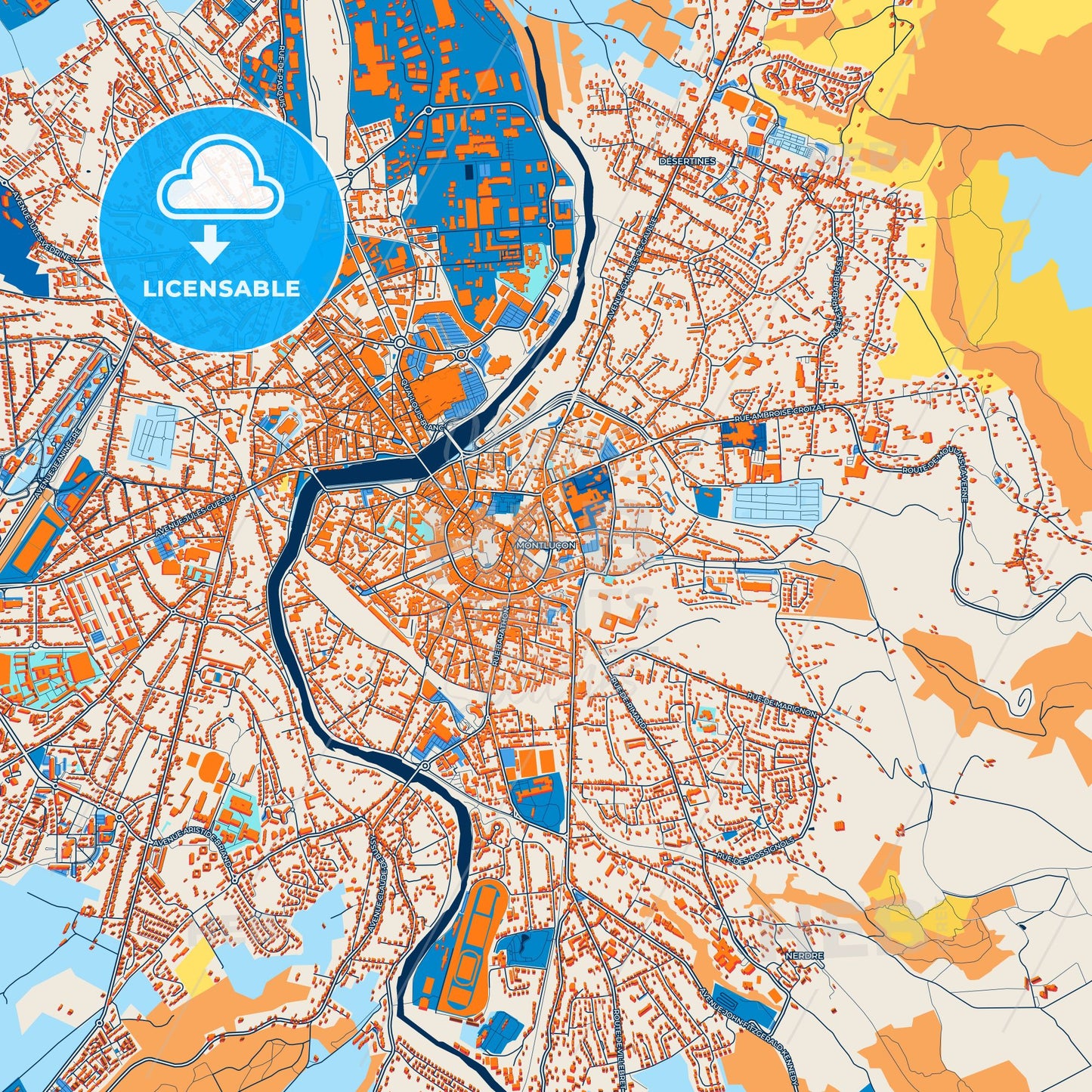 Colorful Montluçon Street Map with Labels and Buildings