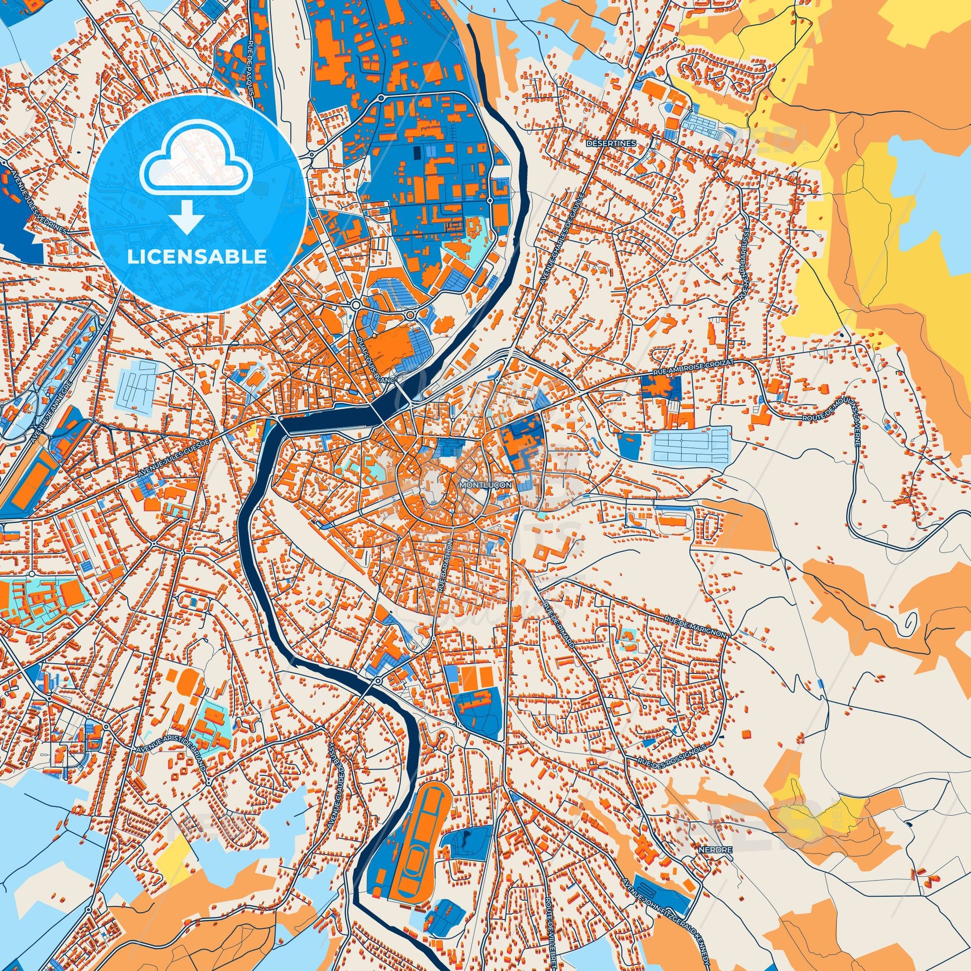 Colorful Montluçon Street Map with Labels and Buildings
