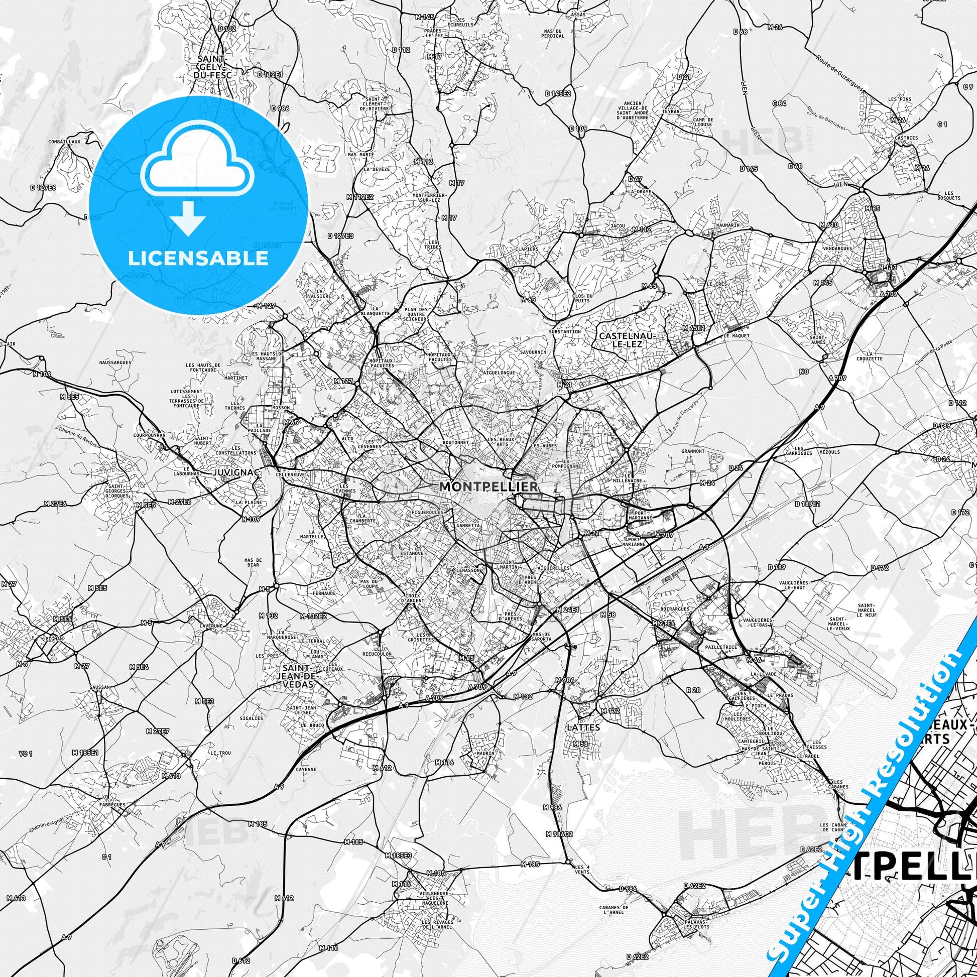 Montpellier, France light map with streetnames, citynames and districts