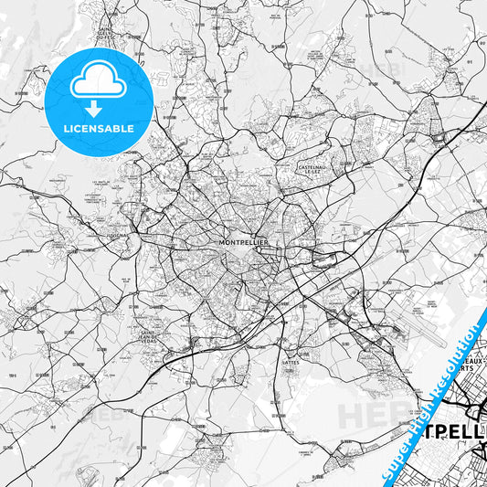 Montpellier, France light map with streetnames, citynames and districts