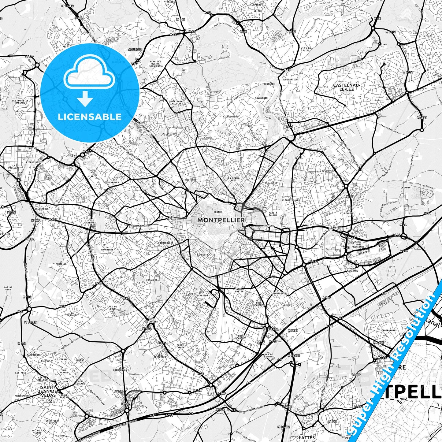 Montpellier, France Light Map with Street Names, City Names, and Districts