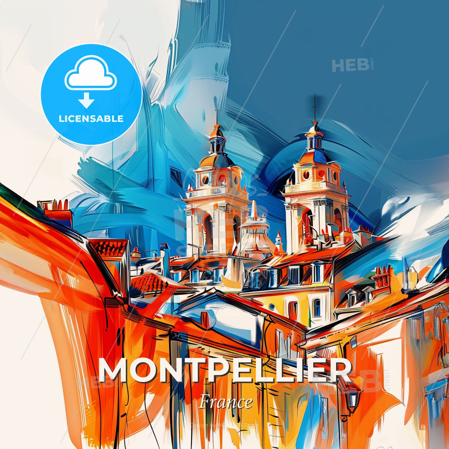 Vibrant Montpellier, France - A Painting Of A Building With Towers - Square format print template