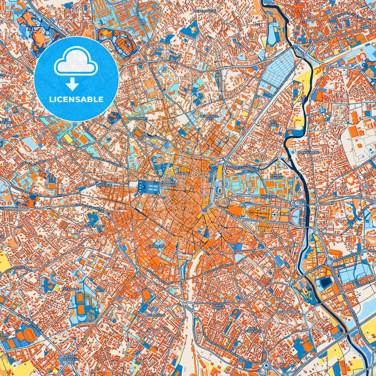 Colorful Montpellier Street Map with Labels and Buildings
