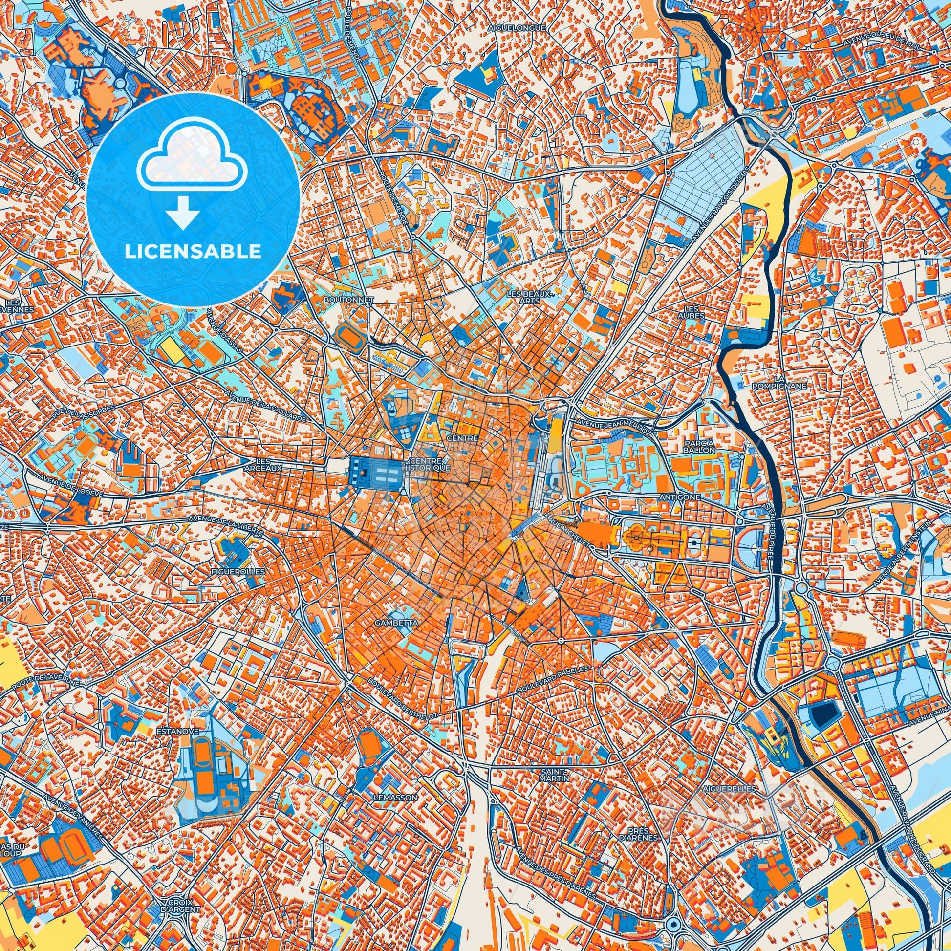 Colorful Montpellier Street Map with Labels and Buildings