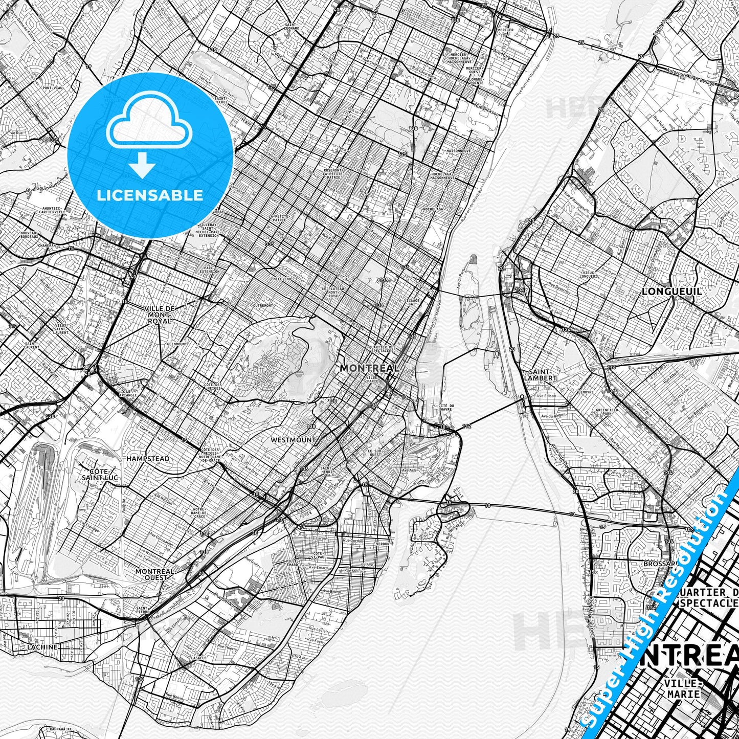 Montreal, Canada light map with streetnames, citynames and districts