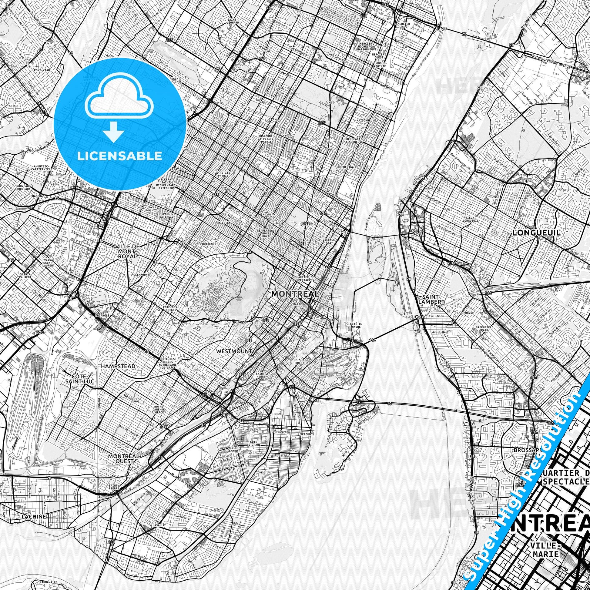 Montreal, Canada light map with streetnames, citynames and districts
