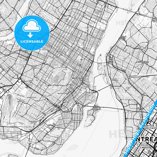 Montreal, Canada light map with streetnames, citynames and districts
