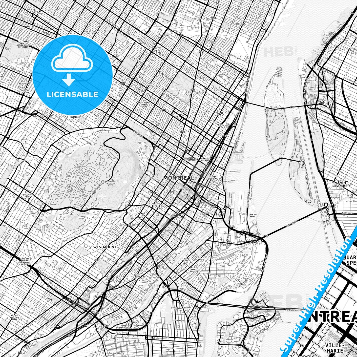 Montreal, Canada Light Map with Street Names, City Names, and Districts