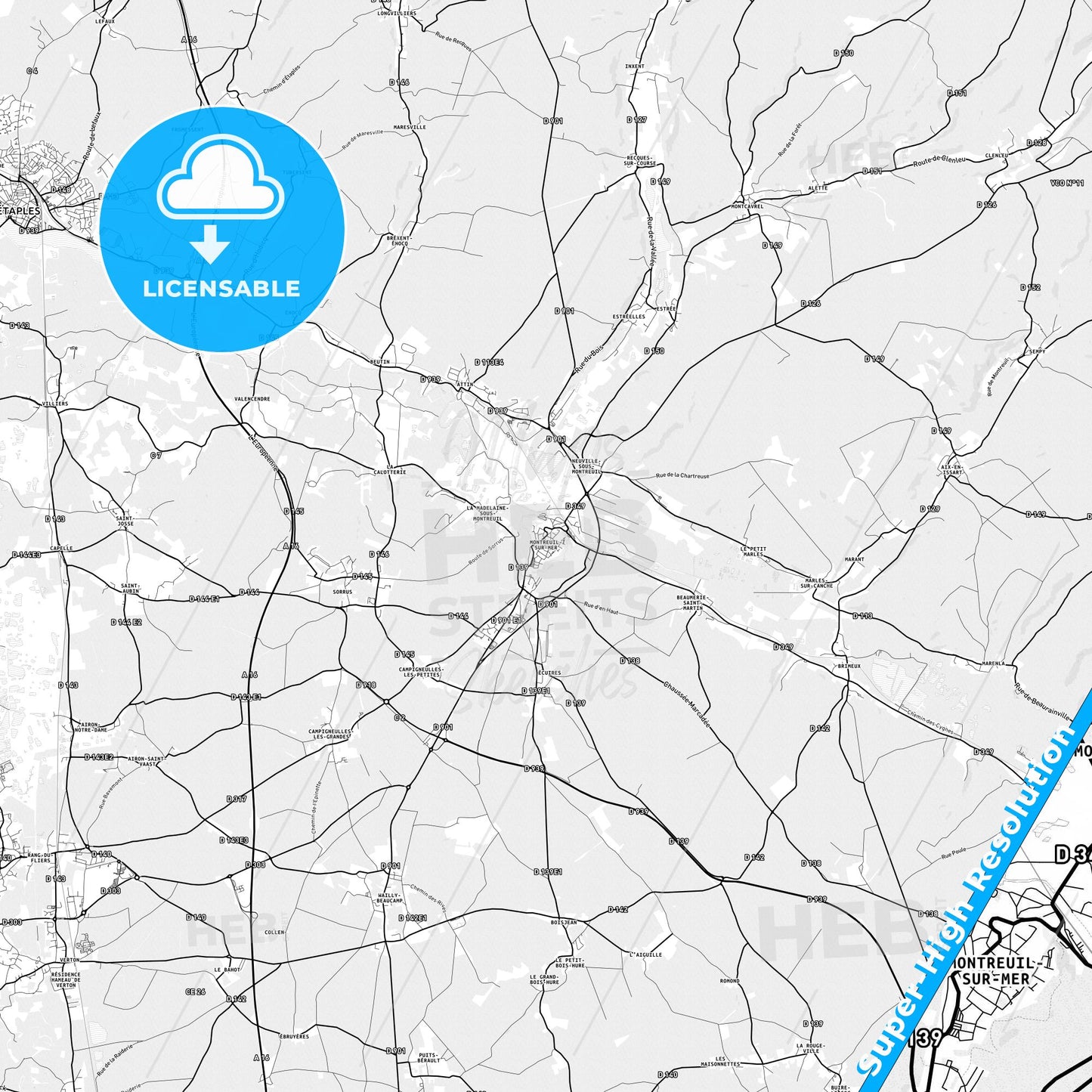 Montreuil, France light map with streetnames, citynames and districts
