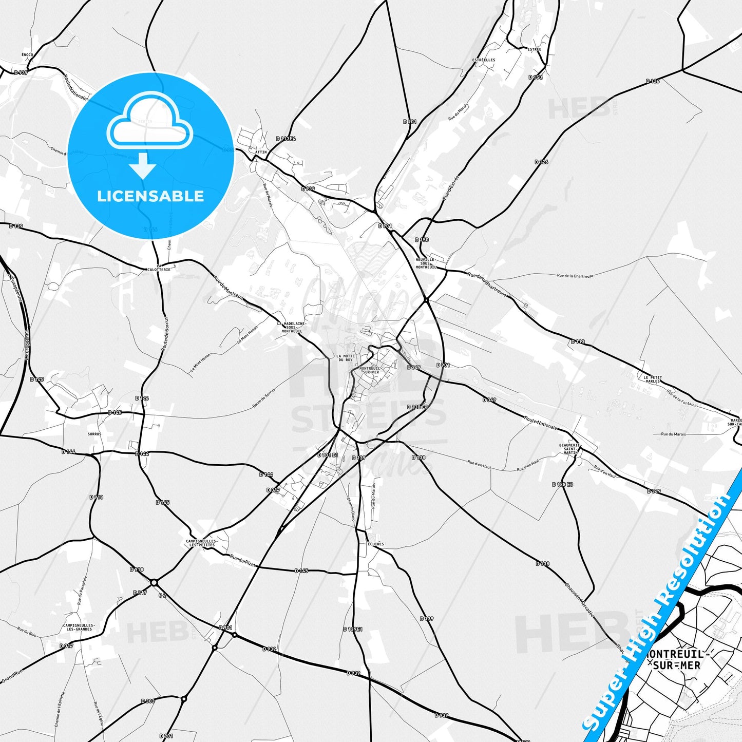 Montreuil, France Light Map with Street Names, City Names, and Districts