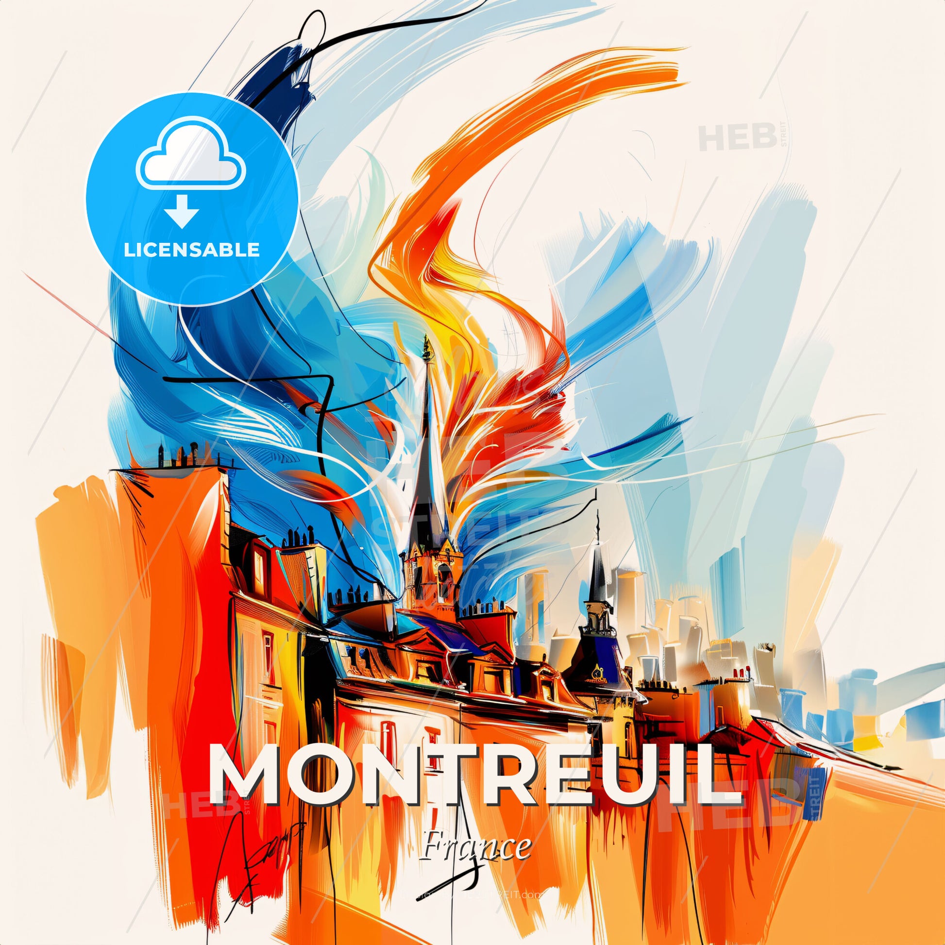 Vibrant Montreuil, France - A Painting Of A Building With A Spire And Colorful Smoke - Square format print template