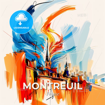 Vibrant Montreuil, France - A Painting Of A Building With A Spire And Colorful Smoke - Square format print template