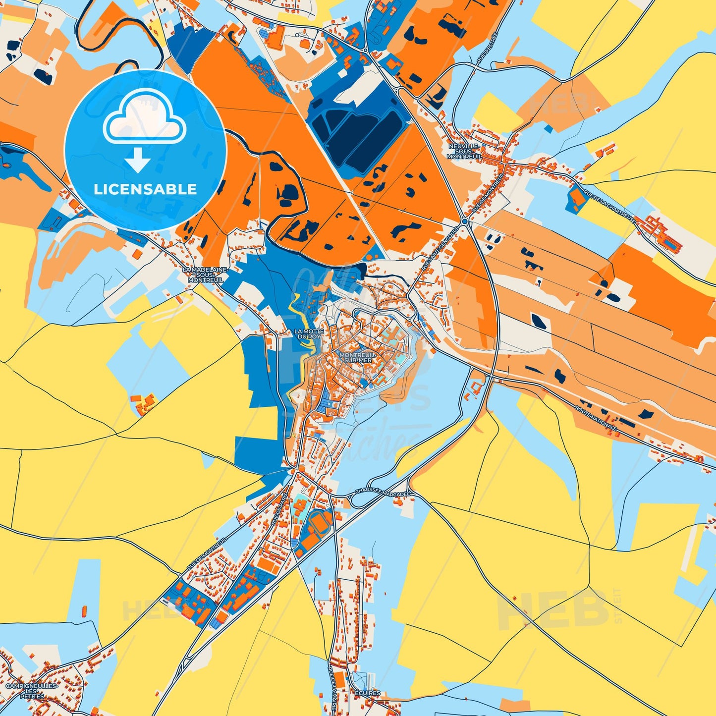 Colorful Montreuil Street Map with Labels and Buildings