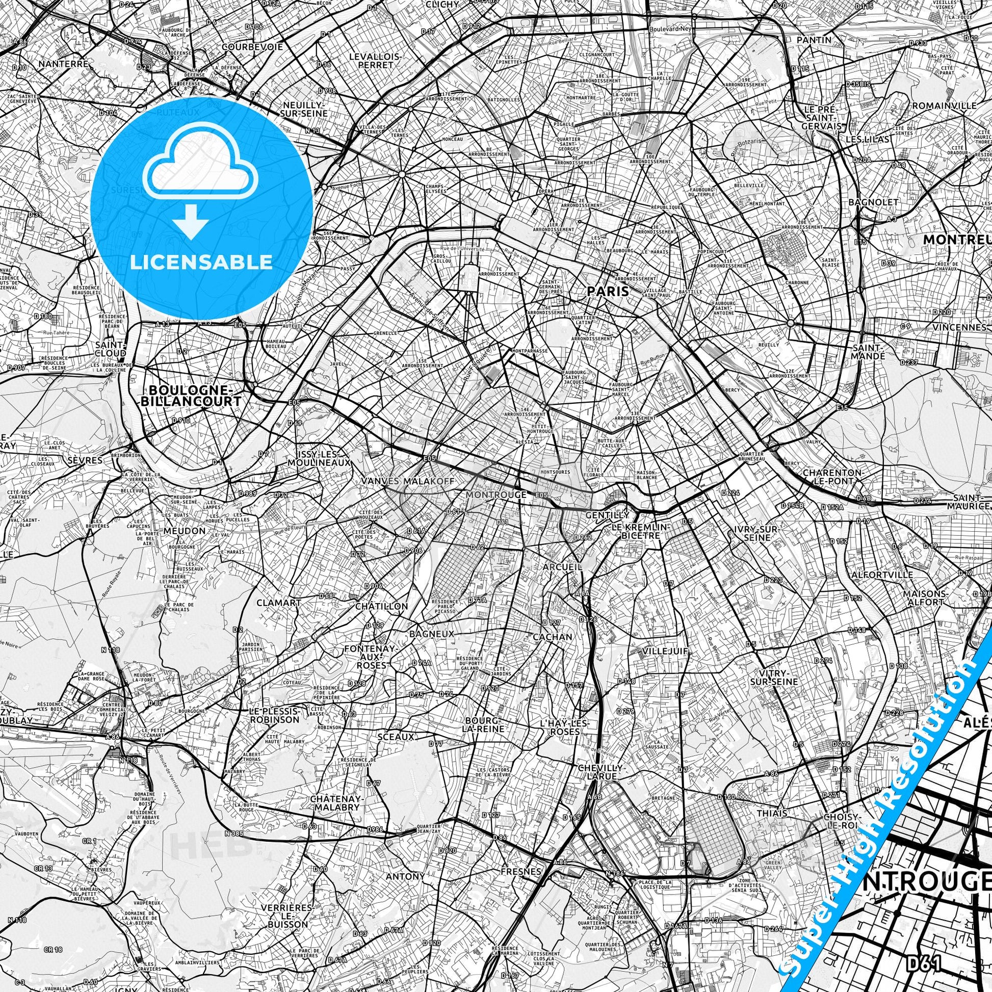 Montrouge, France light map with streetnames, citynames and districts