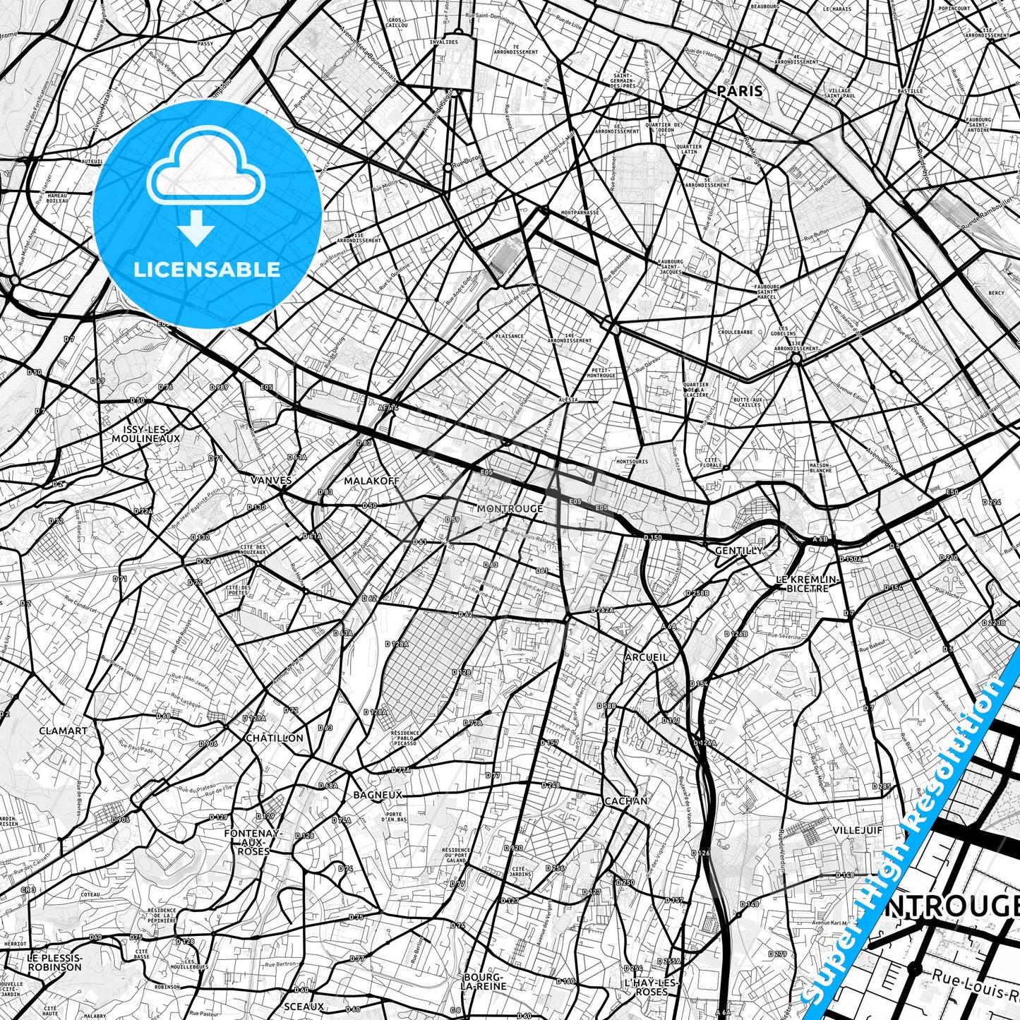 Montrouge, France Light Map with Street Names, City Names, and Districts