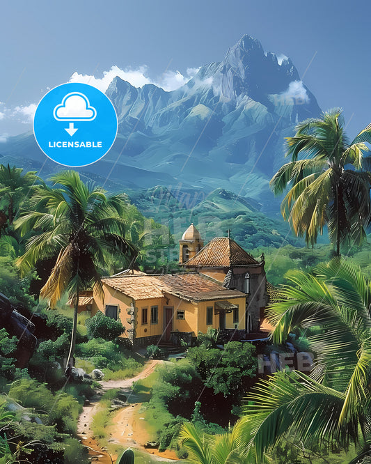 Vibrant Montserrat Landscape Painting: Colorful House Amidst Palm Trees in North America - Contemporary Art