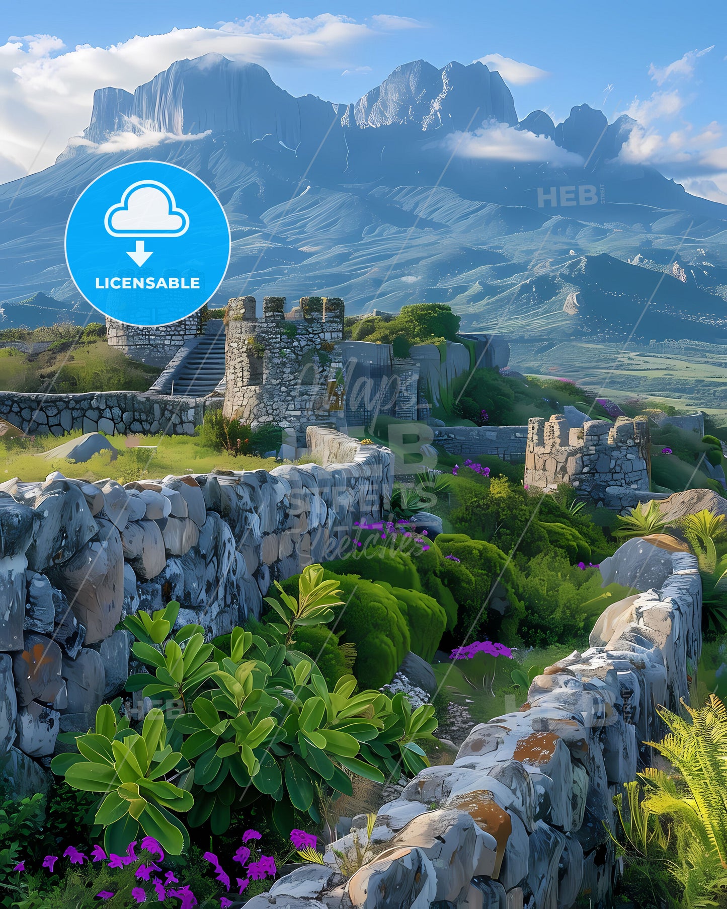 Vibrant Montserrat Castle Painting - Stone Wall Art from North America