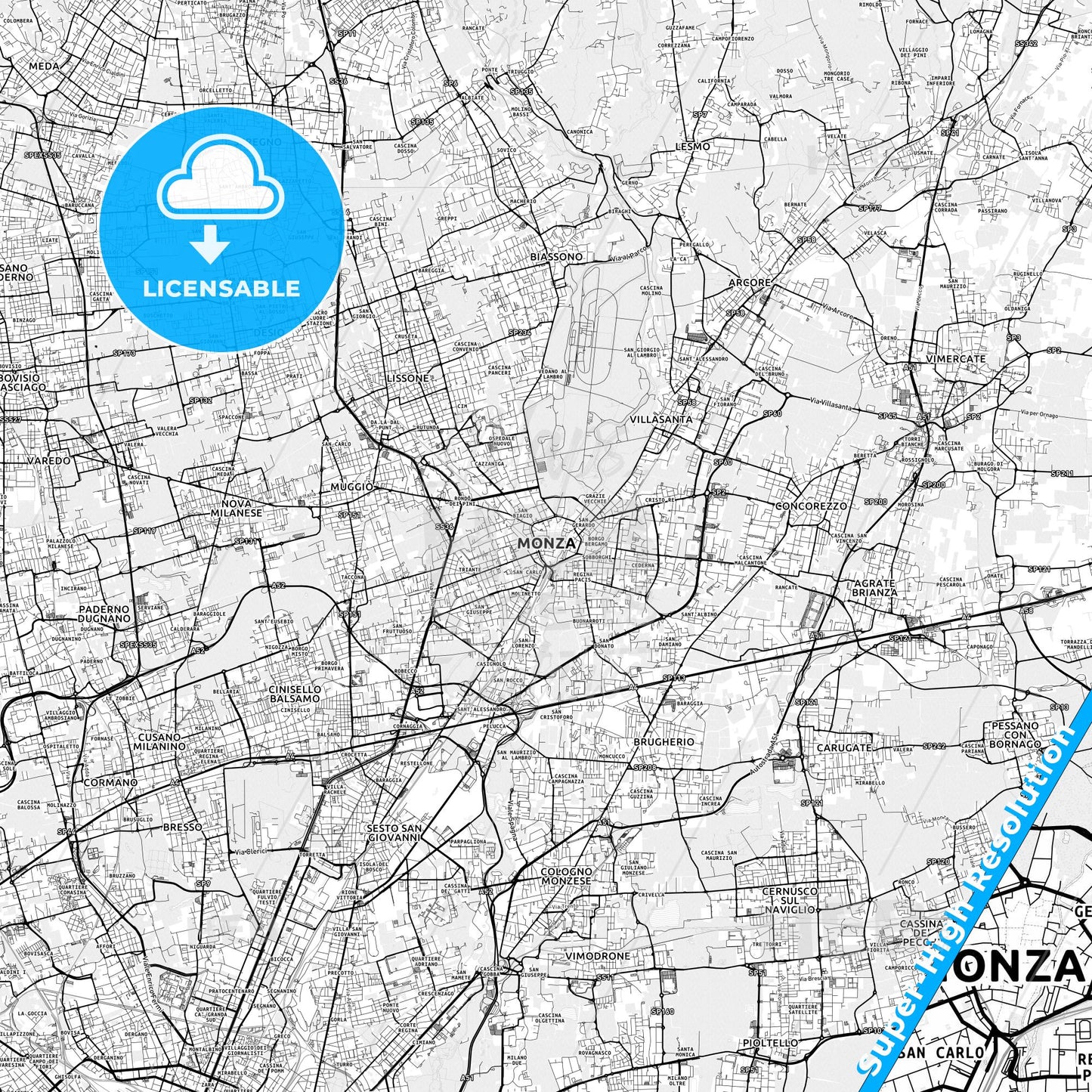 Monza, Italy light map with streetnames, citynames and districts