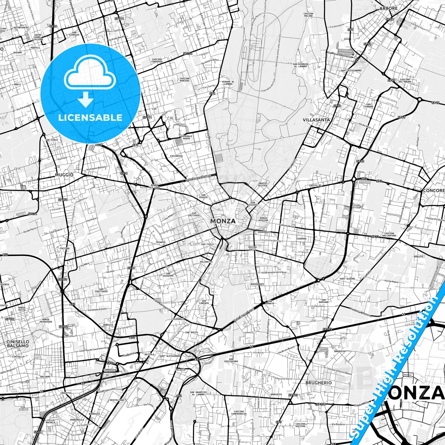 Monza, Italy Light Map with Street Names, City Names, and Districts