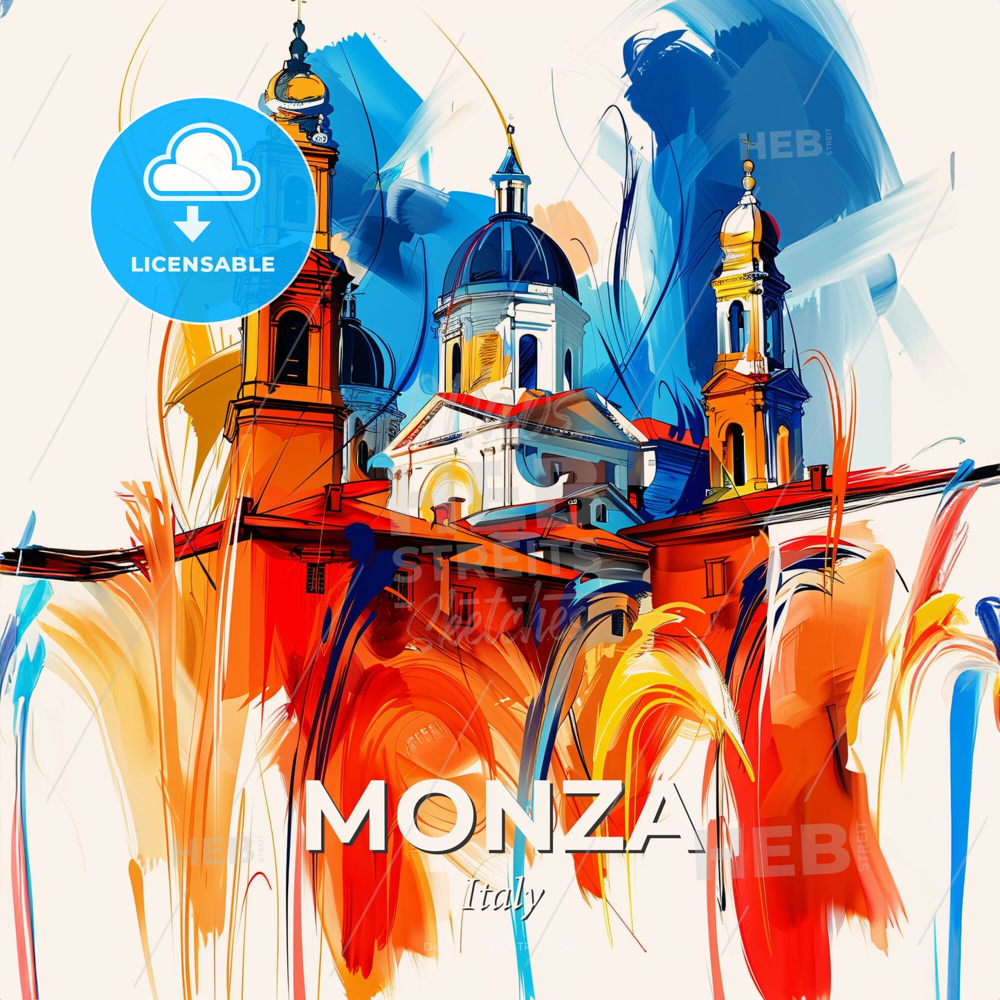 Vibrant Monza, Italy - A Painting Of A Building With Towers And A Colorful Background - Square format print template