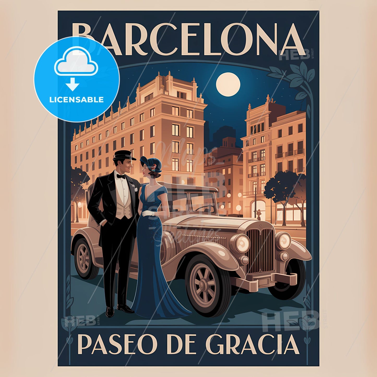 Moonlit Elegance: Art Deco Barcelona Travel Poster