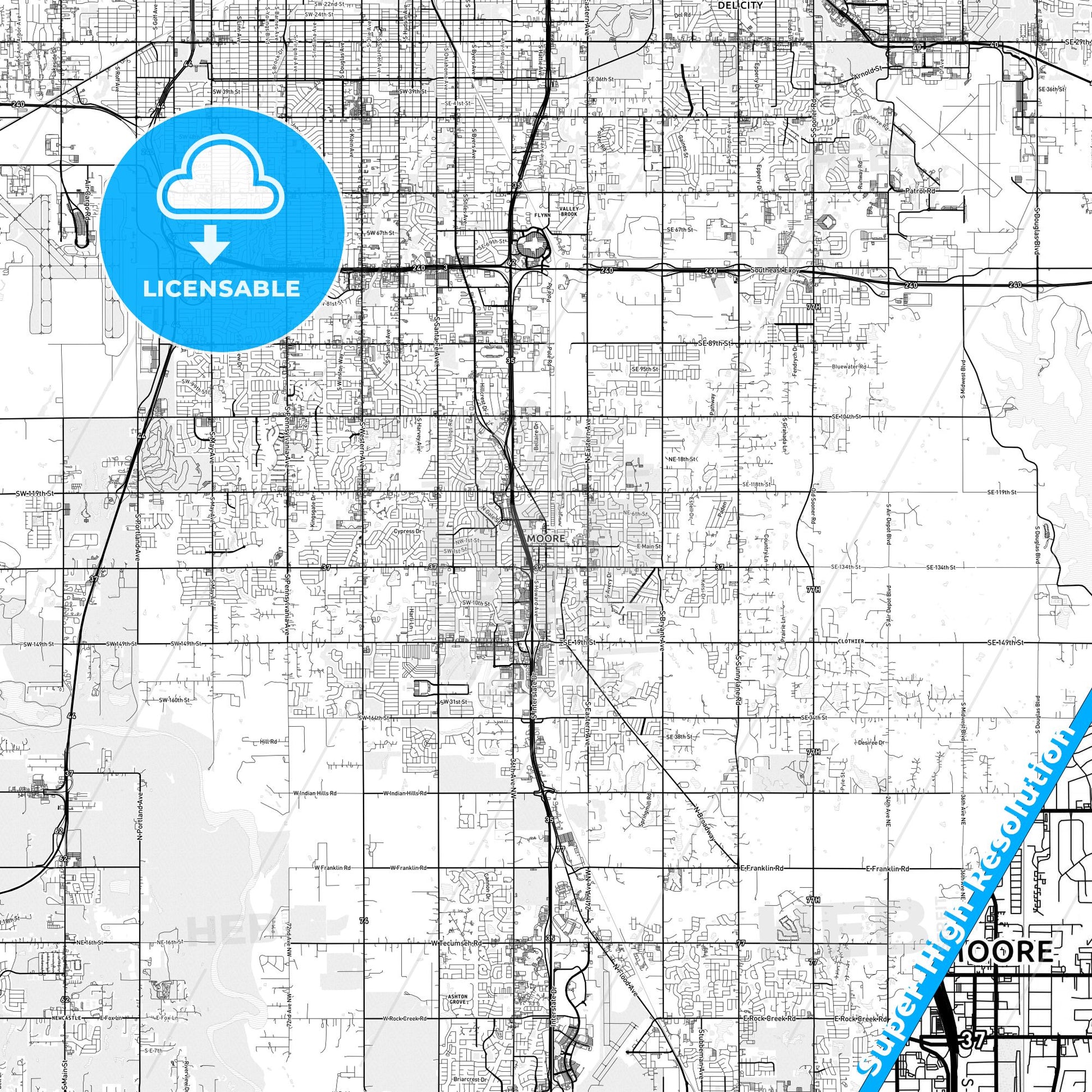 Moore, Oklahoma light map with streetnames, citynames and districts