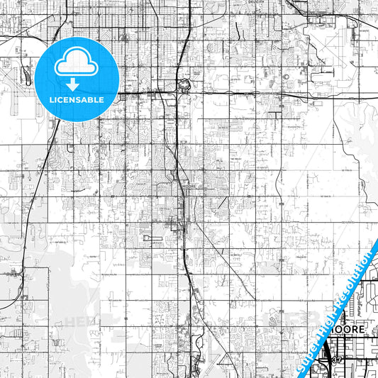 Moore, Oklahoma light map with streetnames, citynames and districts