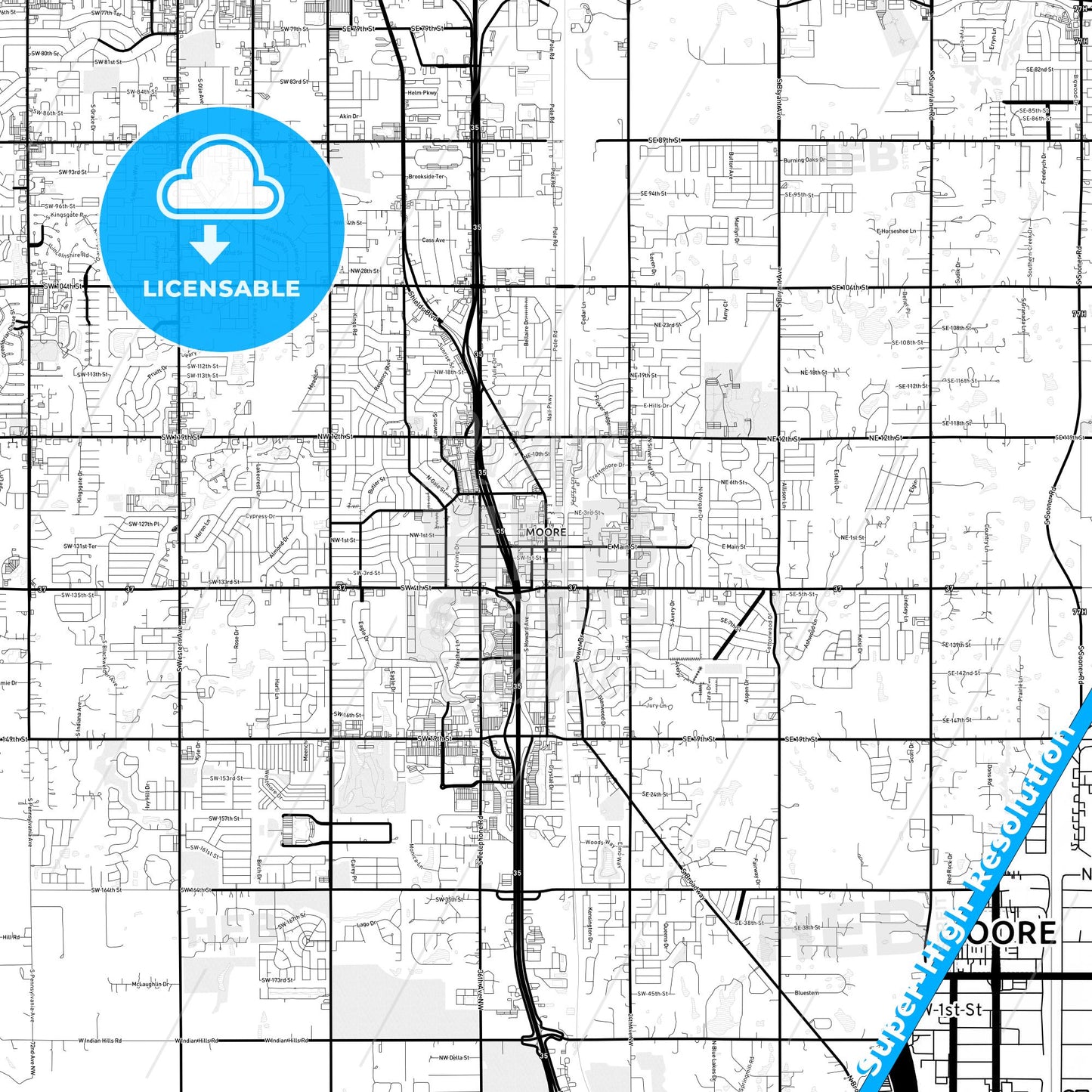 Moore, Oklahoma Light Map with Street Names, City Names, and Districts