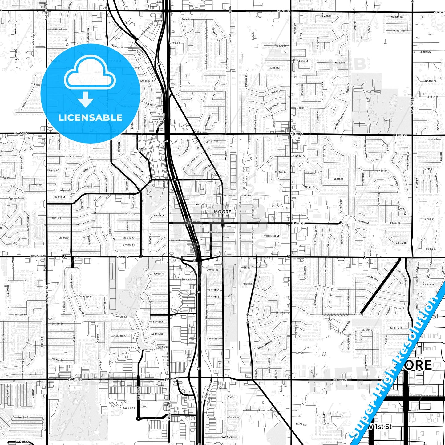 Moore, Oklahoma Light Map with Street Names, City Names, and Districts