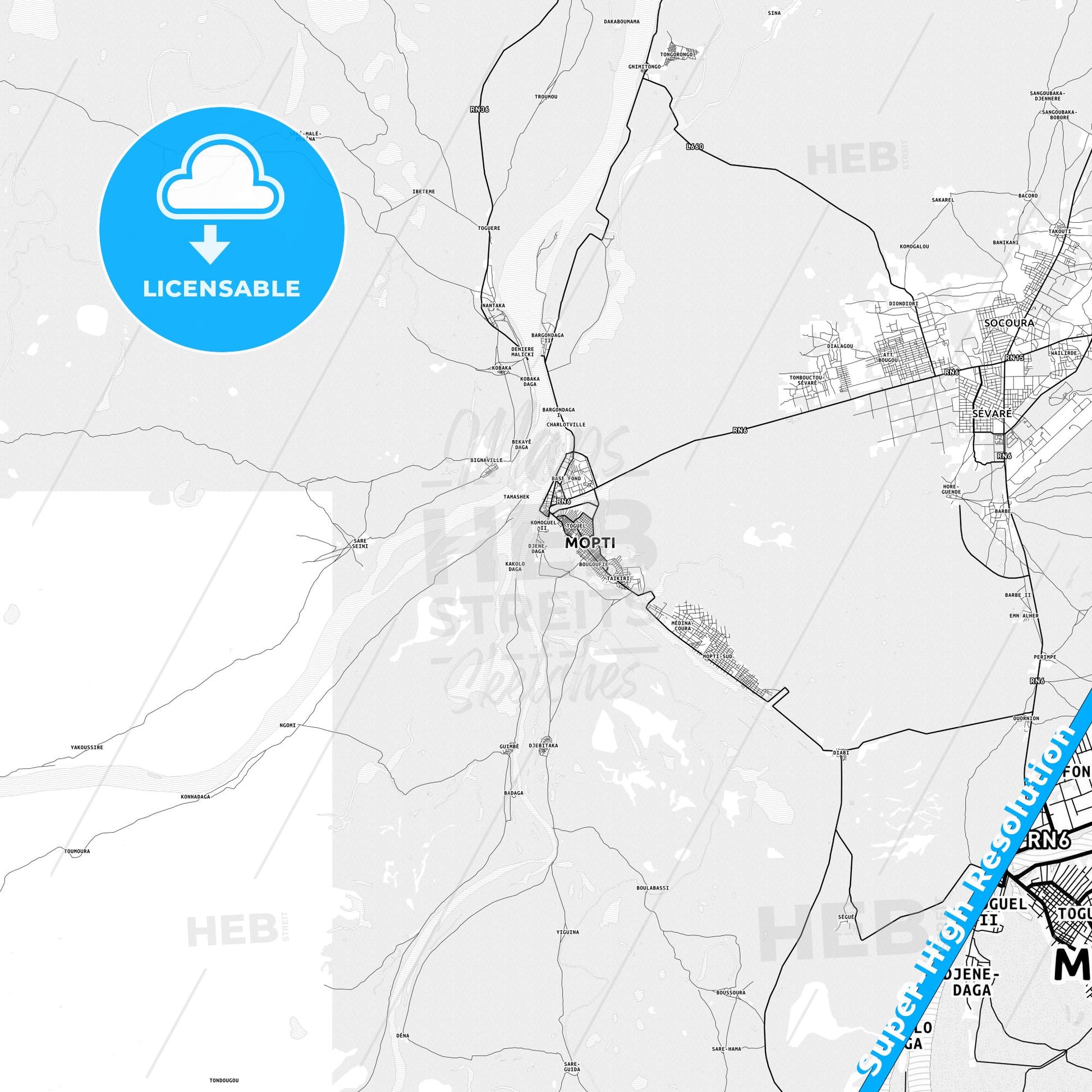 Mopti, Mali light map with streetnames, citynames and districts