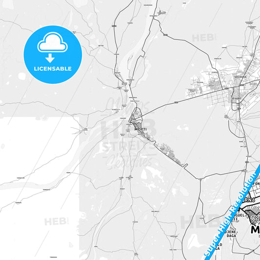 Mopti, Mali light map with streetnames, citynames and districts
