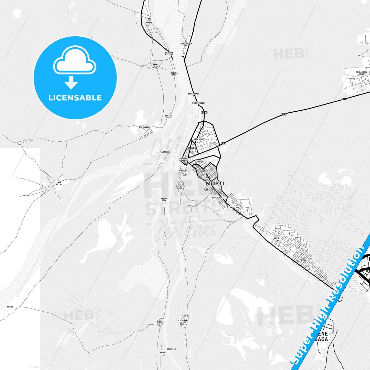 Mopti, Mali Light Map with Street Names, City Names, and Districts