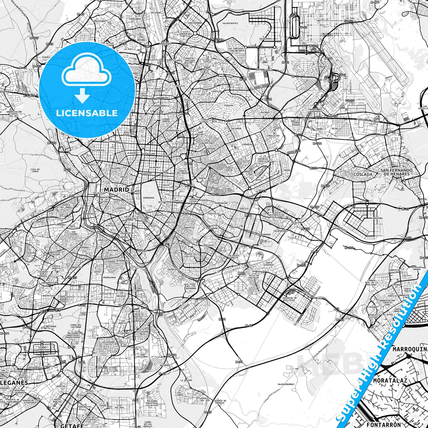 Moratalaz, Spain light map with streetnames, citynames and districts