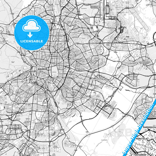 Moratalaz, Spain light map with streetnames, citynames and districts