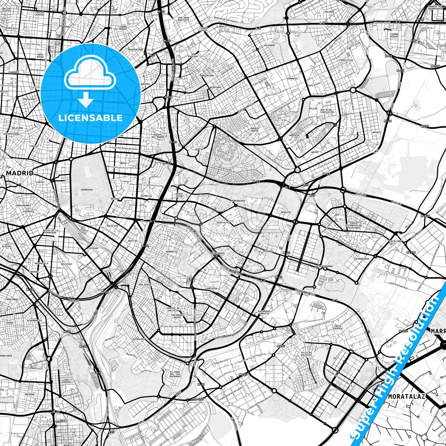 Moratalaz, Spain Light Map with Street Names, City Names, and Districts