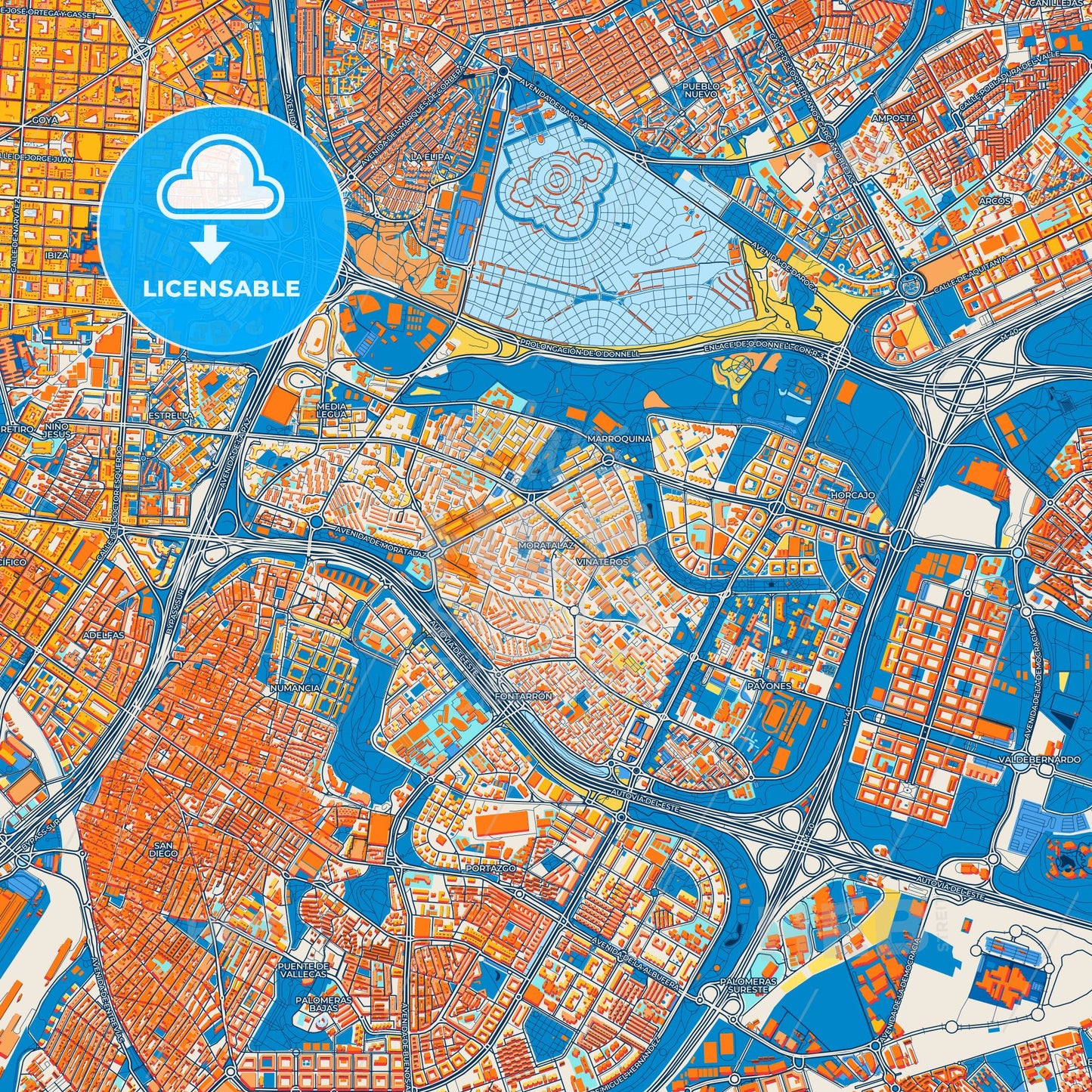 Colorful Moratalaz Street Map with Labels and Buildings
