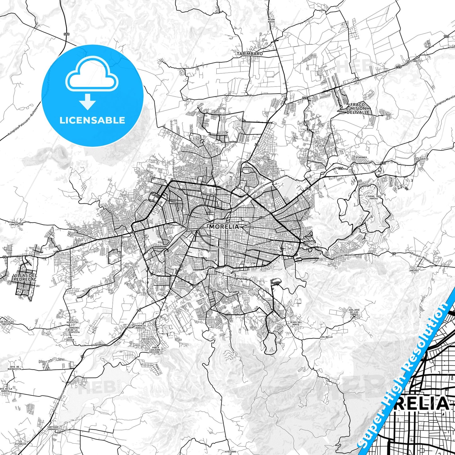 Morelia, Mexico light map with streetnames, citynames and districts