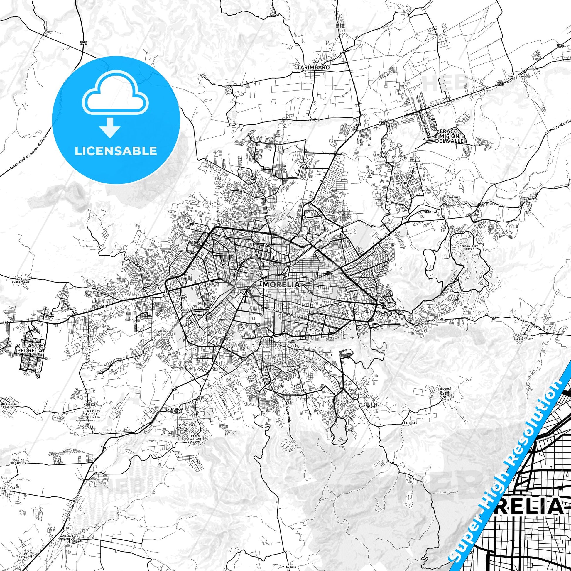 Morelia, Mexico light map with streetnames, citynames and districts