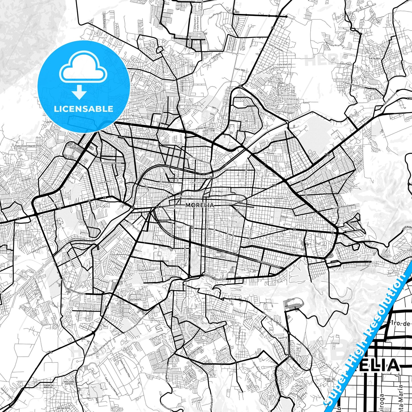 Morelia, Mexico Light Map with Street Names, City Names, and Districts