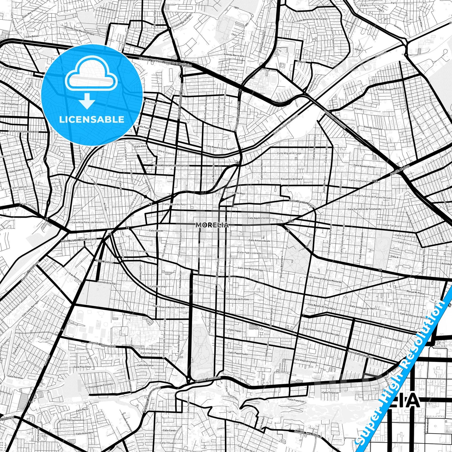 Morelia, Mexico Light Map with Street Names, City Names, and Districts