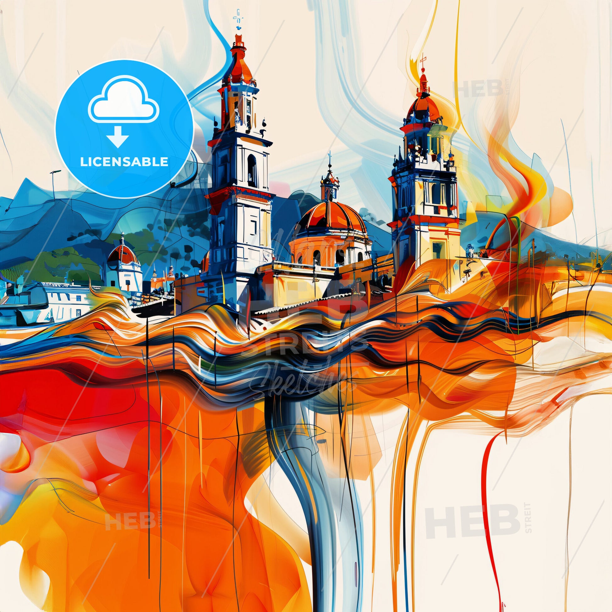 Vibrant Morelia, Mexico - A Painting Of A Building With Towers And A Colorful Background