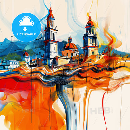 Vibrant Morelia, Mexico - A Painting Of A Building With Towers And A Colorful Background