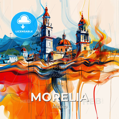 Vibrant Morelia, Mexico - A Painting Of A Building With Towers And A Colorful Background - Square format print template