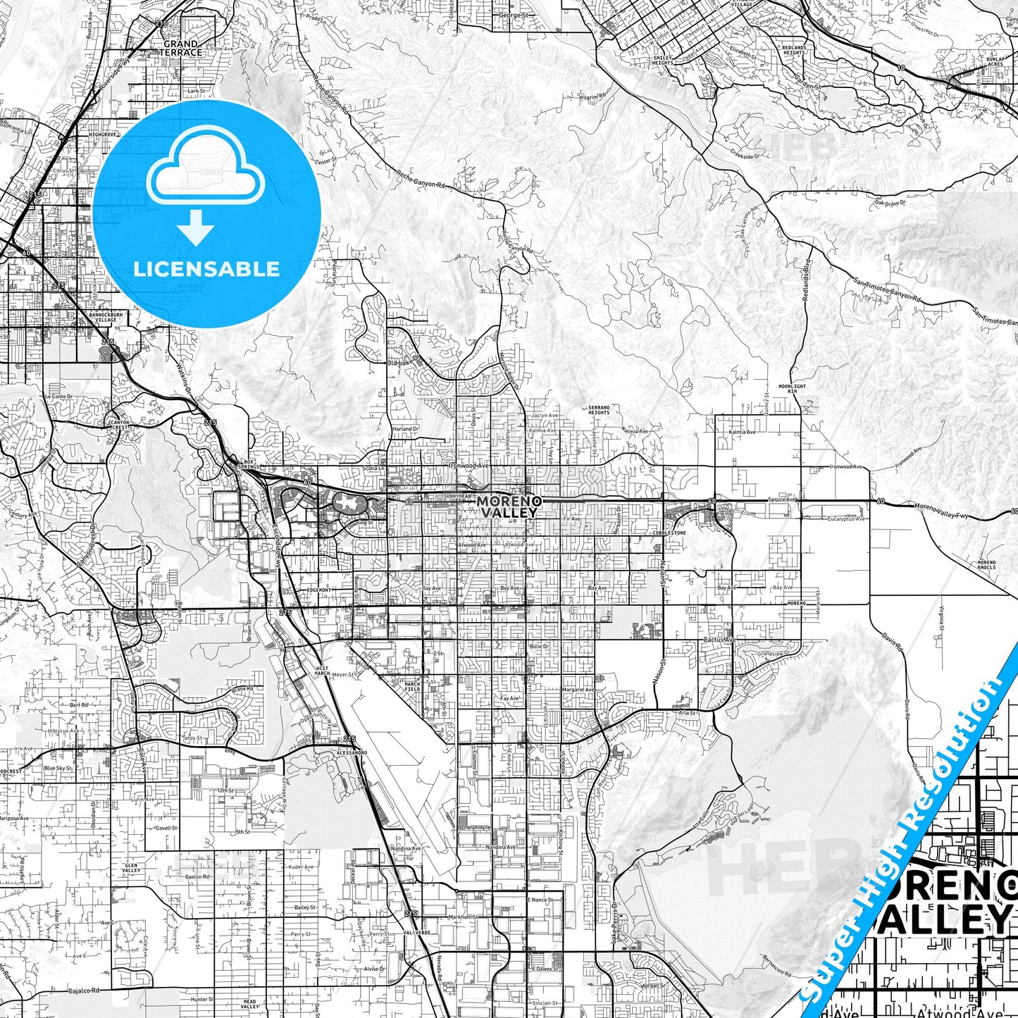 Moreno Valley, California light map with streetnames, citynames and districts