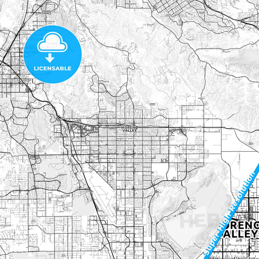 Moreno Valley, California light map with streetnames, citynames and districts