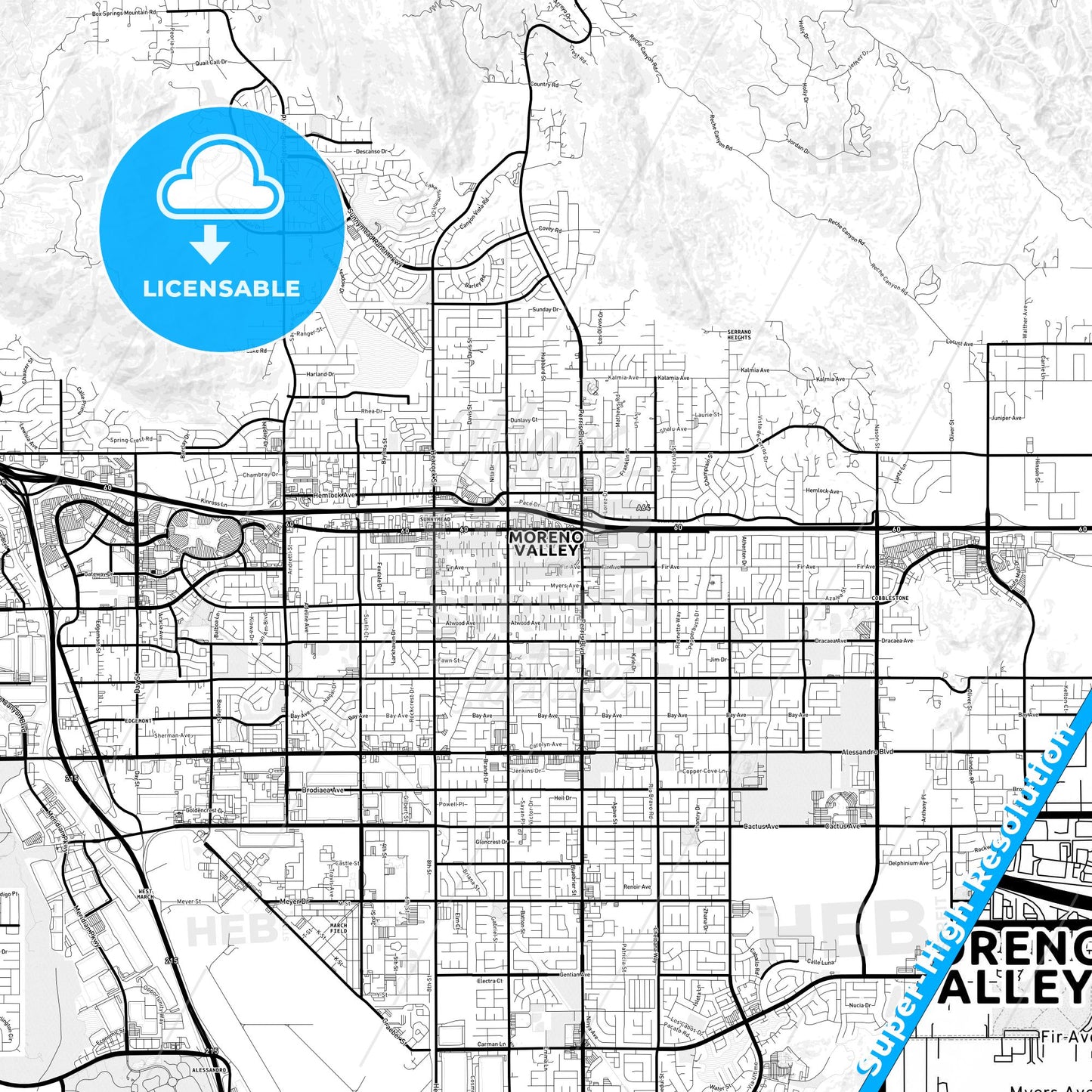 Moreno Valley, California Light Map with Street Names, City Names, and Districts