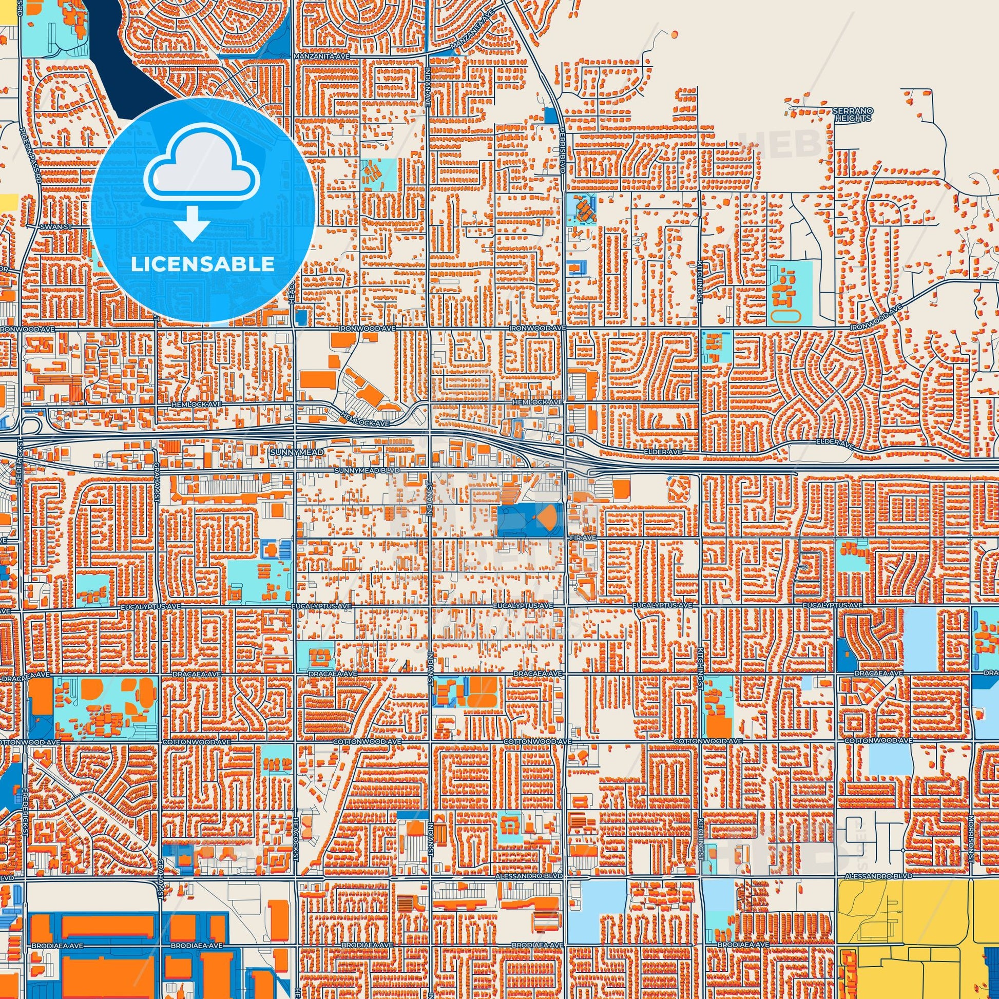 Colorful Moreno Valley Street Map with Labels and Buildings